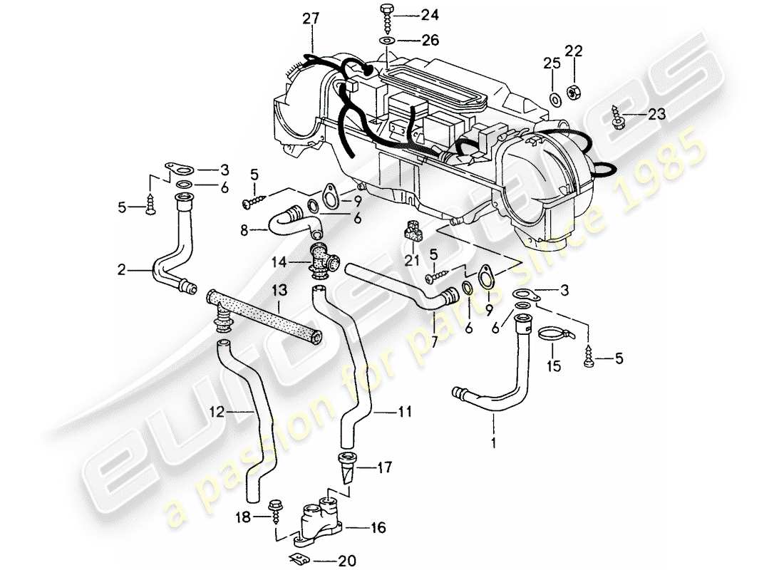 porsche 1998 (993) tuyau d'évacuation d'eau - support - harnais - chauffage - climatiseur schéma des pièces