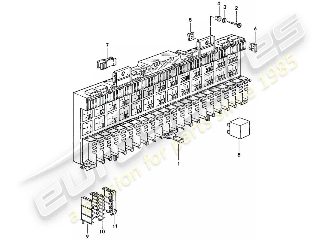 porsche 1983 (928) boite a fusibles/plaque relais - relais - fusible - f >> 92-fs848 408 - f >> 92-fs849 589 - voir informations techniques - d - mj 1985>> schéma des pièces