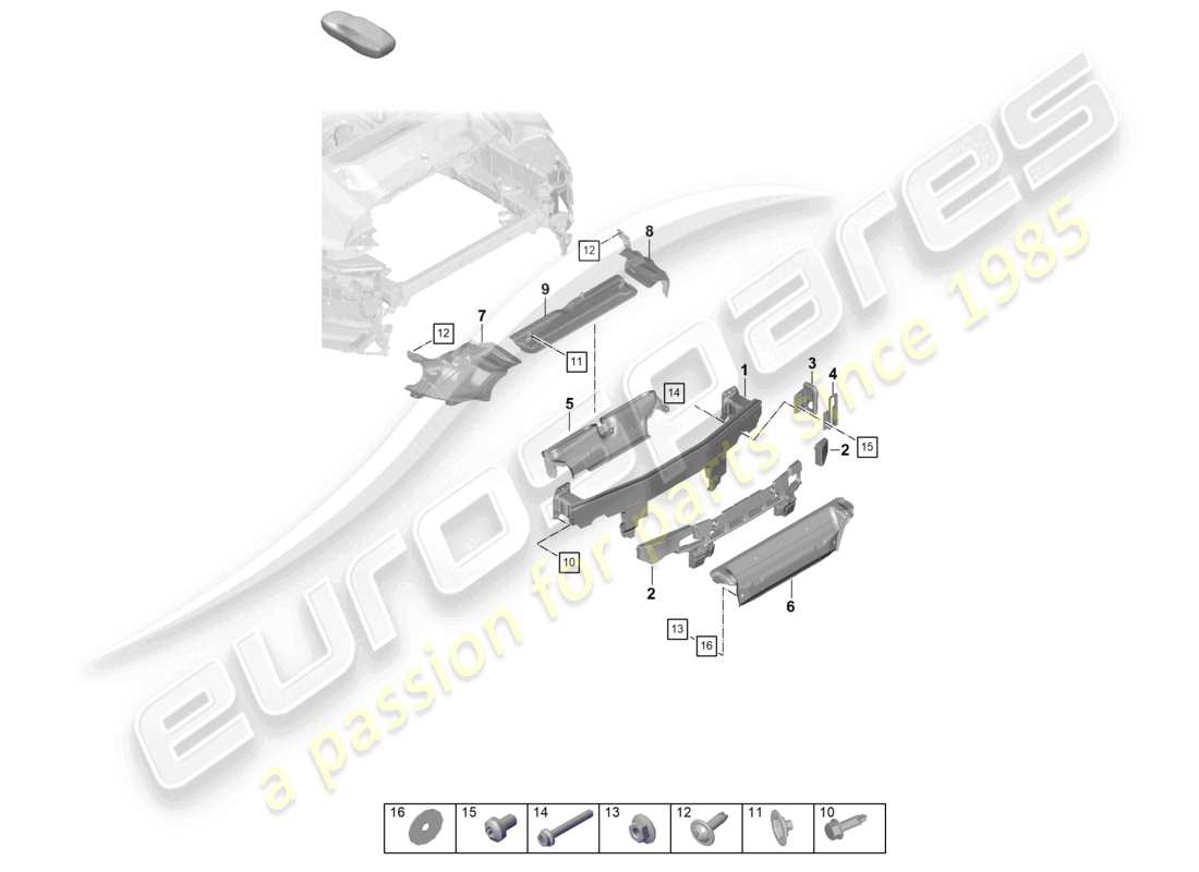 porsche 2020 (992-1) schéma des pièces du support de pare-chocs arrière et du bouclier thermique 911 dakar