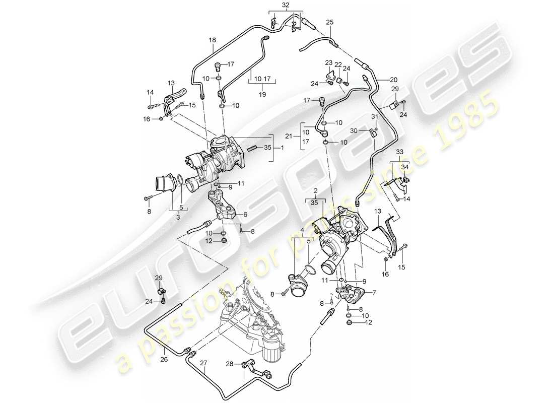porsche 2004 (cayenne e1 9pa) turbocompresseur de gaz d'échappement schéma des pièces