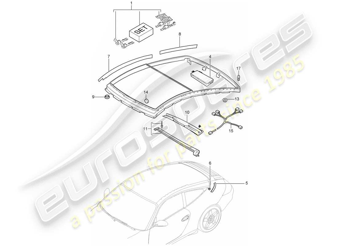 porsche 2007 (997-1) toit en verre schéma des pièces