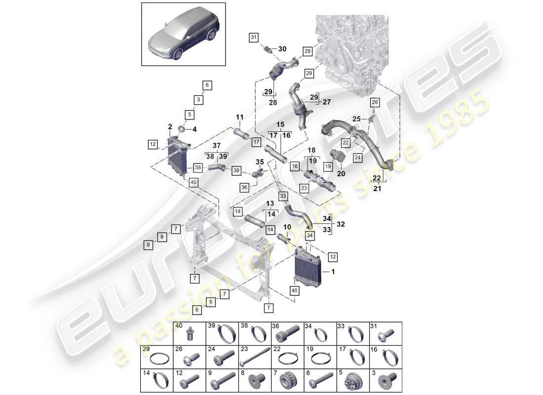 porsche 2019 (cayenne e3 9ya/9yb) refroidisseur d'air de charge schéma des pièces