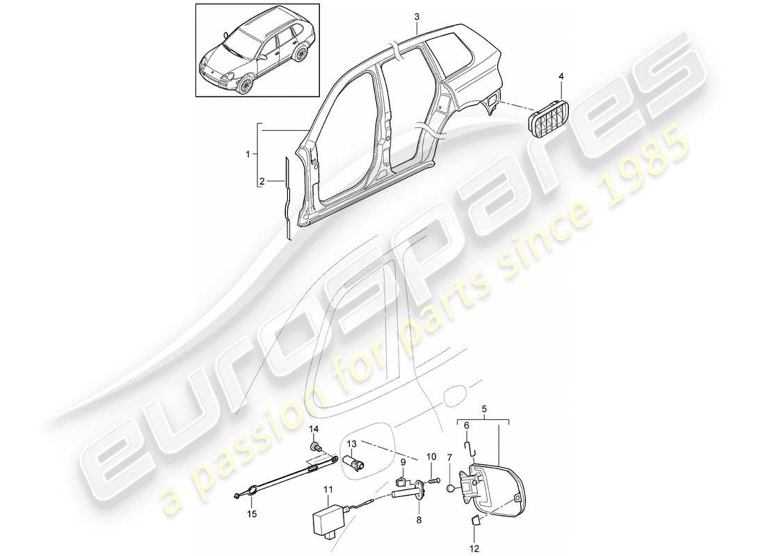 porsche 2008 (cayenne e1 9pa) panneau latéral schéma des pièces