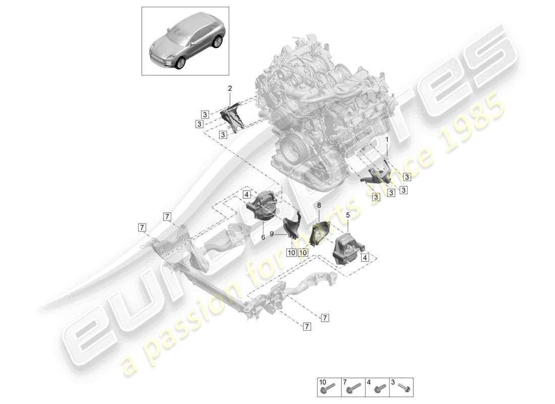 porsche 2020 (macan) console de levage du moteur pour le montage du moteur schéma des pièces de montage du moteur
