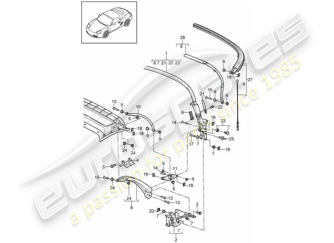 porsche 2011 (987 boxster) diagramme des pièces du cadre supérieur