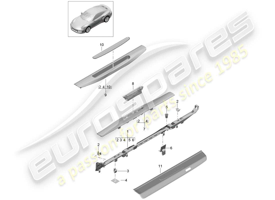 porsche 991 turbo (2017) diagramme des pièces de doublure