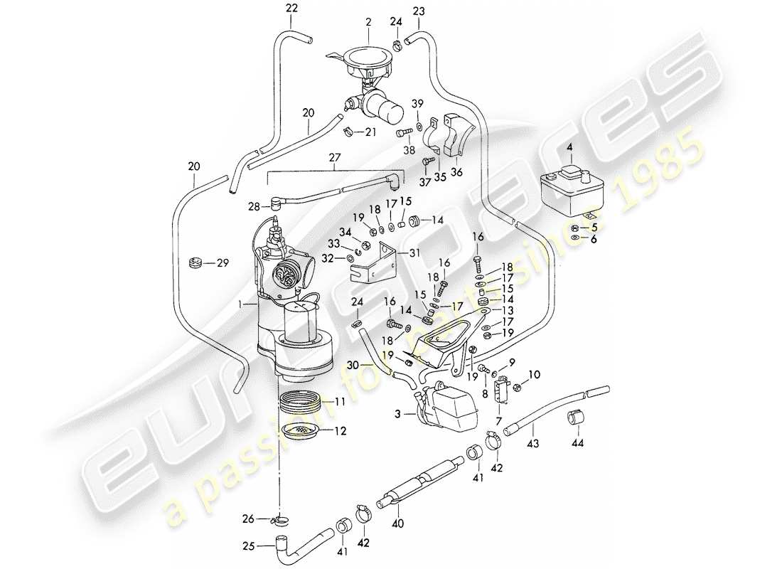 porsche 1973 (911) unité de chauffage et de ventilation - avec : - accessoires vue éclatée