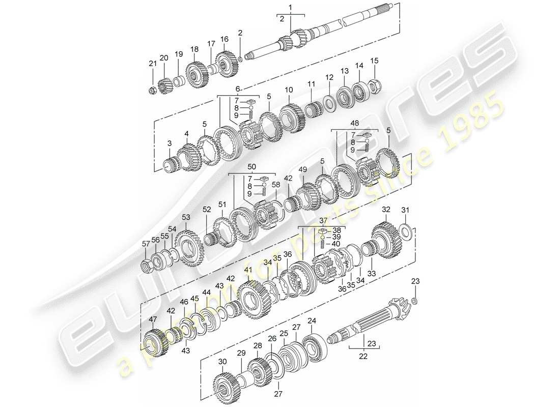 porsche 2008 (997-1 turbo / gt2) engrenages et arbres schéma des pièces