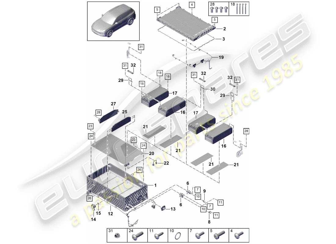 porsche 2019 (cayenne e3 9ya/9yb) batterie hybride schéma des pièces