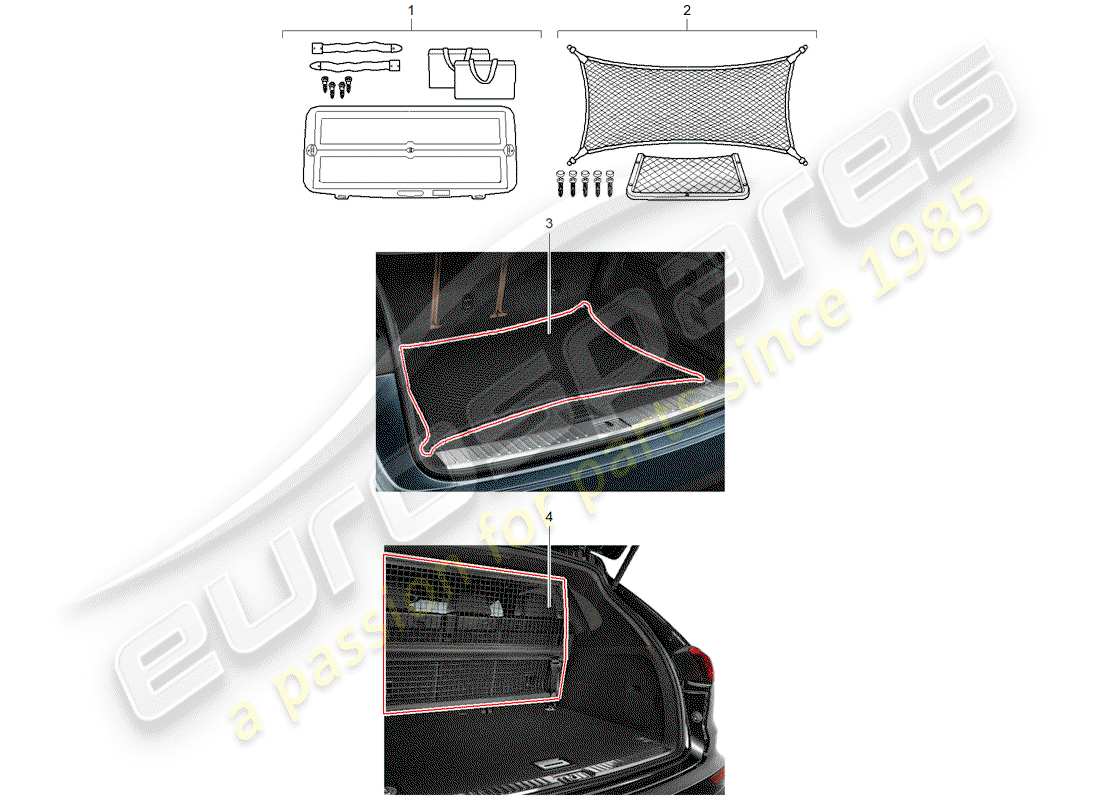 porsche 2019 (tequipment cayenne) filet de chargement schéma des pièces