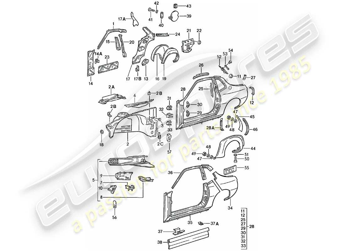 porsche 1982 (924) panneau latéral schéma des pièces