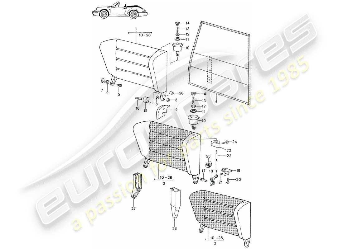 un schéma de pièces du catalogue de pièces porsche 1987 (seats for 944/968/911/928)