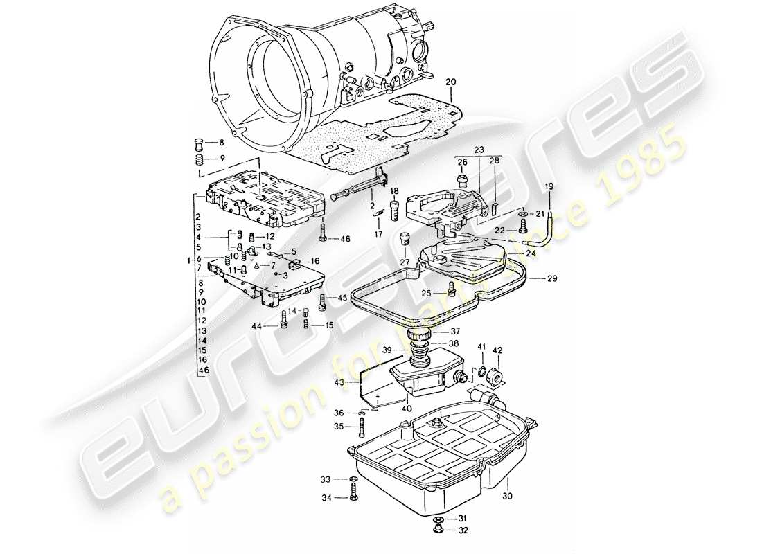 porsche 1993 (928) transmission automatique - corps de soupape de sélecteur schéma des pièces