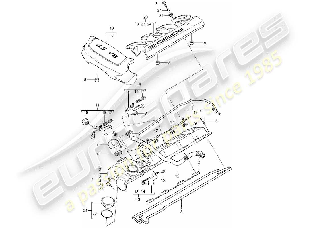 porsche 2004 (cayenne e1 9pa) couvercle de soupape schéma des pièces