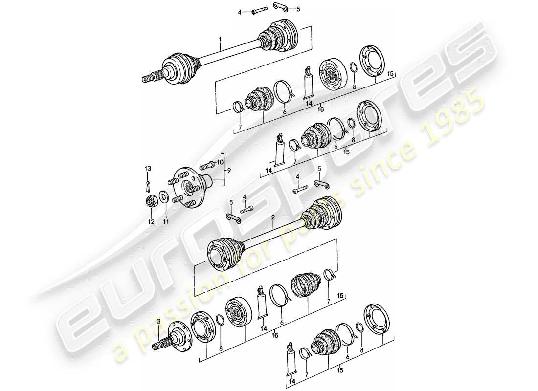 porsche 1989 (911) arbre de transmission - moyeu de roue arrière schéma des pièces