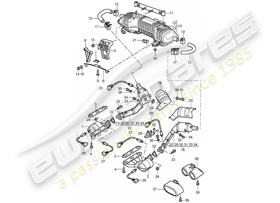 porsche 1998 (986 boxster) système d'échappement - m 96.21/22 - m 96.23/24 schéma des pièces