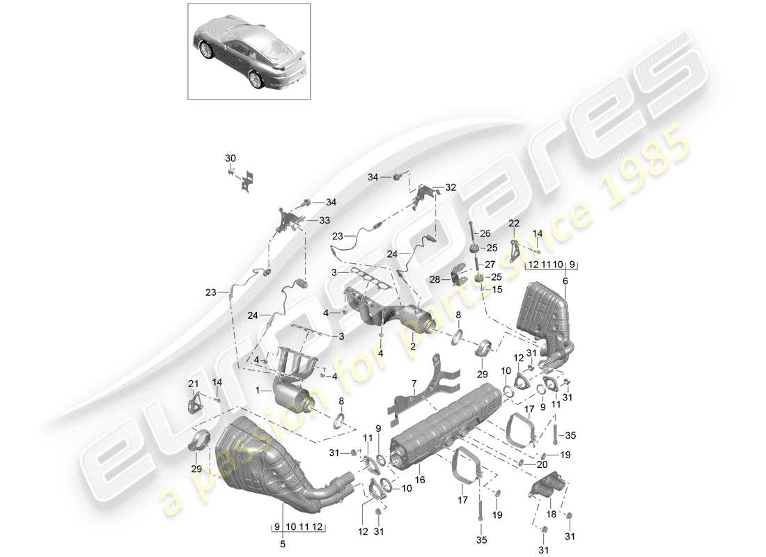 porsche 2018 (991-2 r/gt3/rs) système d'échappement schéma des pièces