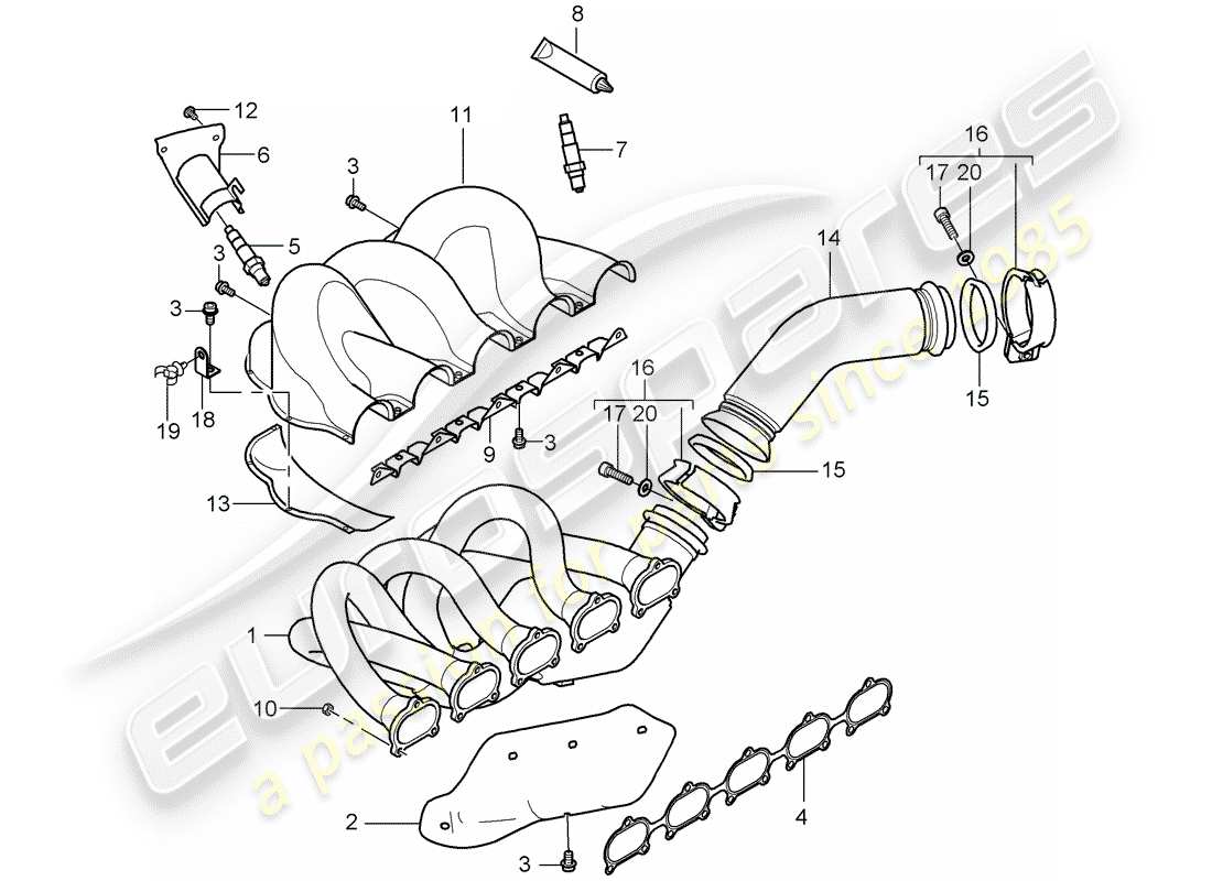 porsche 2006 (carrera gt) système d'échappement - collecteur d'échappement - catalyseur - cyl. 1 - 5 diagramme de pièce