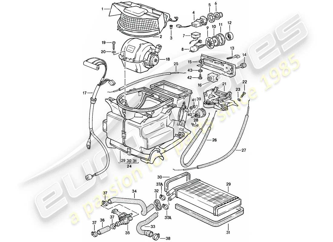 porsche 1987 (924s) chauffage - ventilateur - noyau de chauffage schéma des pièces