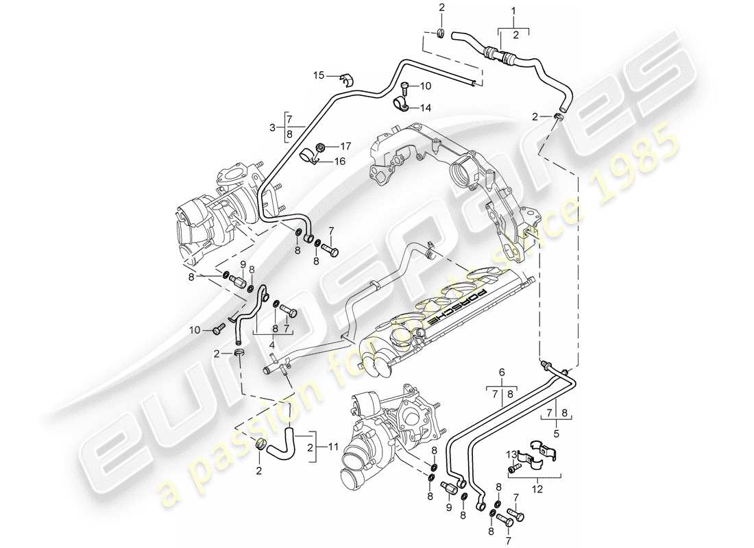 porsche 2004 (cayenne e1 9pa) turbocompresseur de gaz d'échappement schéma des pièces