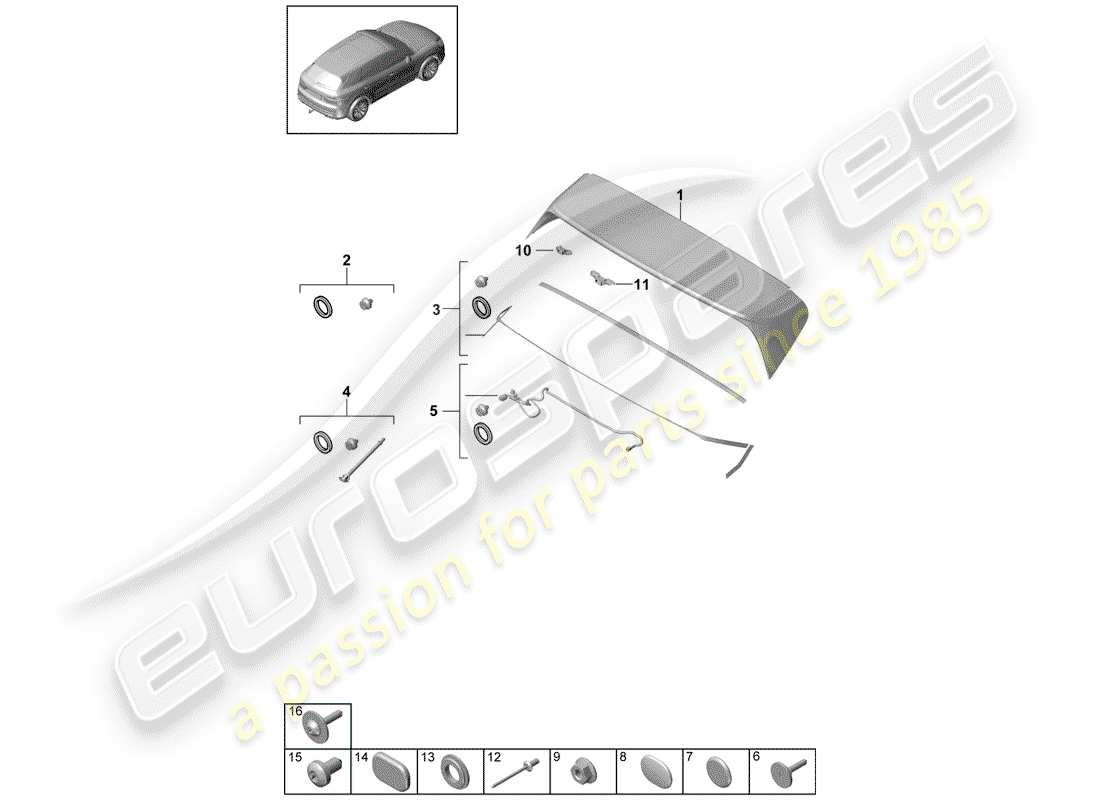 porsche 2020 (cayenne e3 9ya/9yb) aileron arrière schéma des pièces