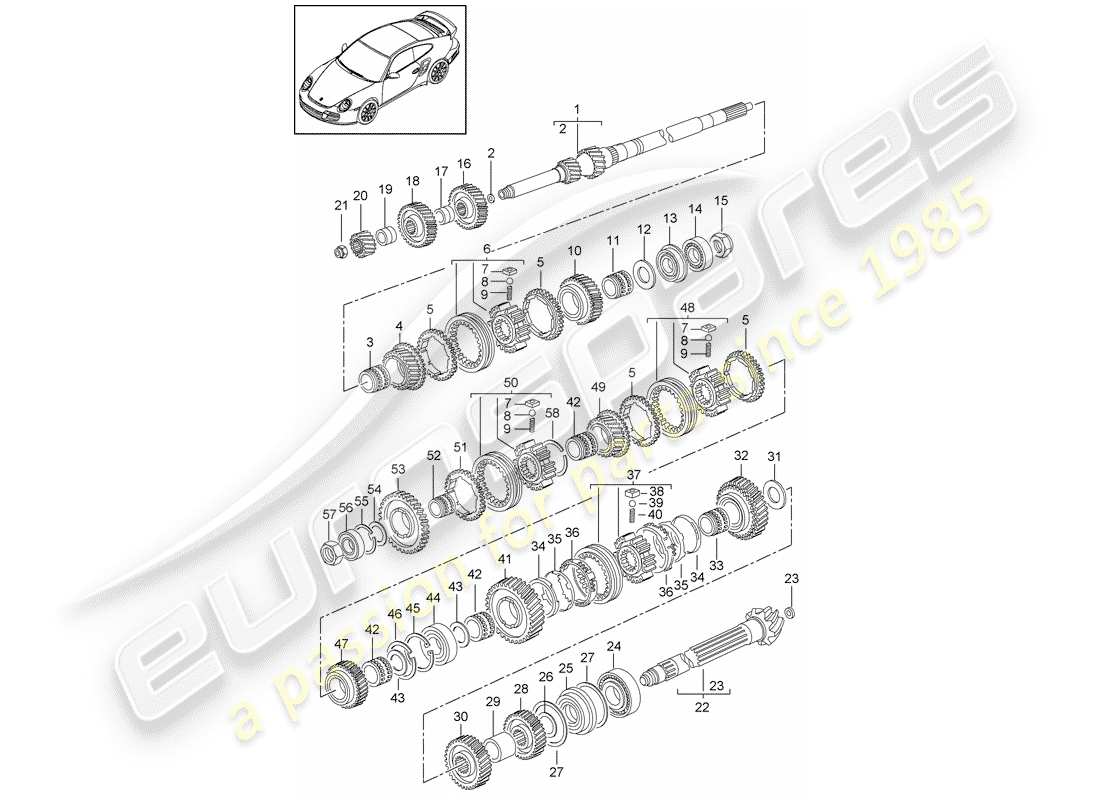porsche 2011 (997-2 turbo / gt2 rs) engrenages et arbres diagramme des pièces
