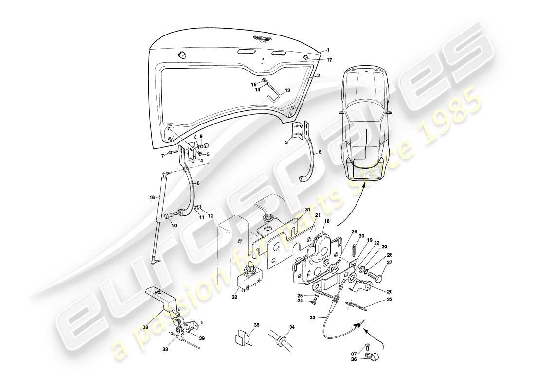 aston martin v8 coupe (2000) couvercle de coffre, jusqu'au vin v79079 excl v79074 ​​diagramme de pièce