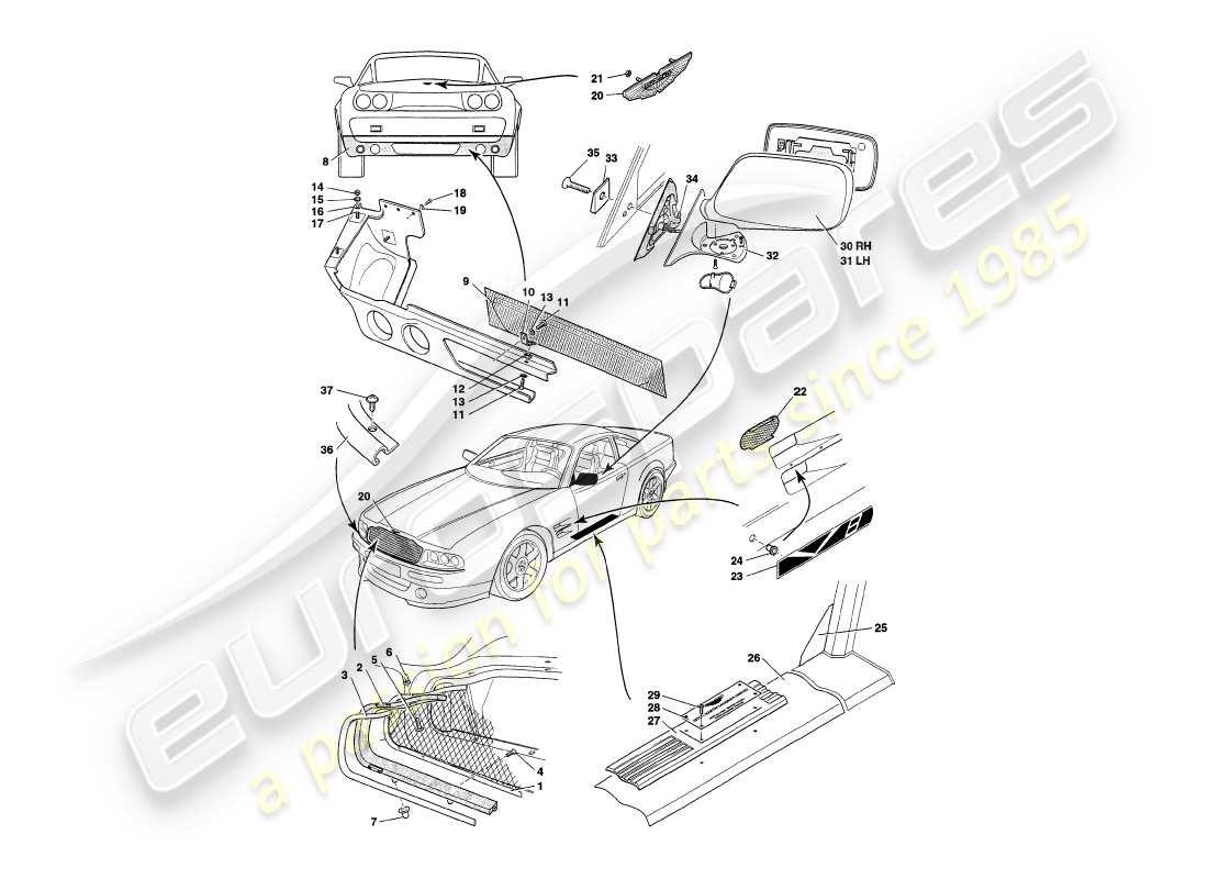 aston martin v8 coupe (2000) raccords de carrosserie schéma des pièces