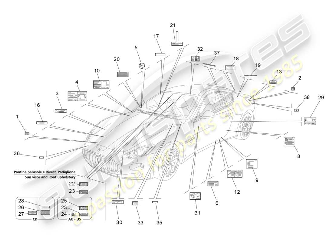 maserati granturismo (2014) diagramme de pièces d'autocollants et d'étiquettes