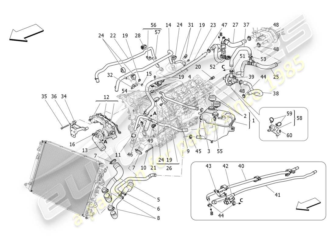 maserati qtp 3.0 bt v6 410hp (2014) système de refroidissement : diagramme de pièces nourice et lignes