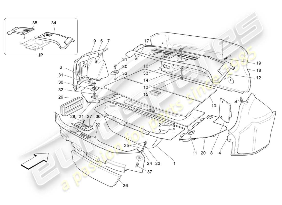 maserati granturismo s (2016) schéma des pièces des tapis de coffre à bagages