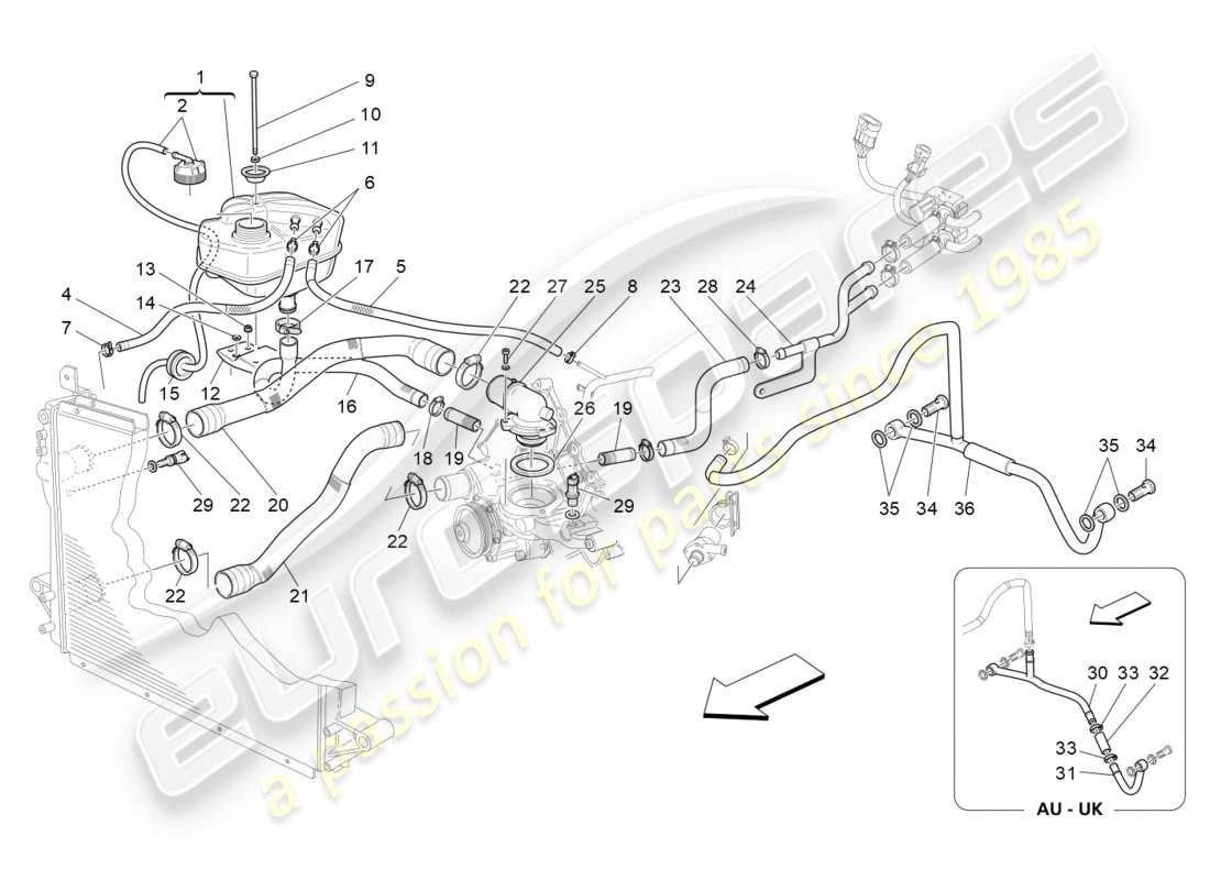 maserati granturismo (2011) système de refroidissement : diagramme de pièces nourice et lignes