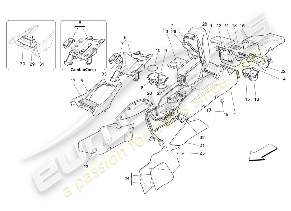 maserati granturismo s (2014) schéma des pièces de la console d'accessoires et de la console centrale