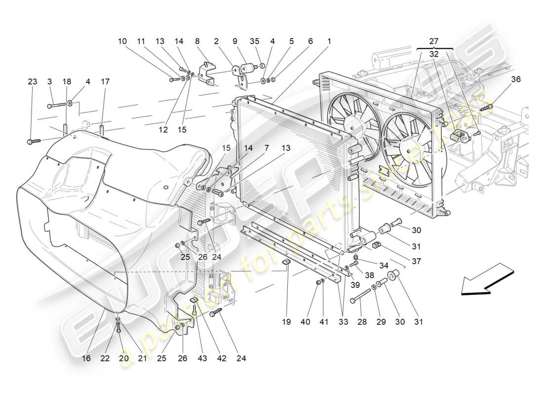 maserati granturismo (2014) refroidissement : diagramme de pièces des radiateurs et des conduits d'air