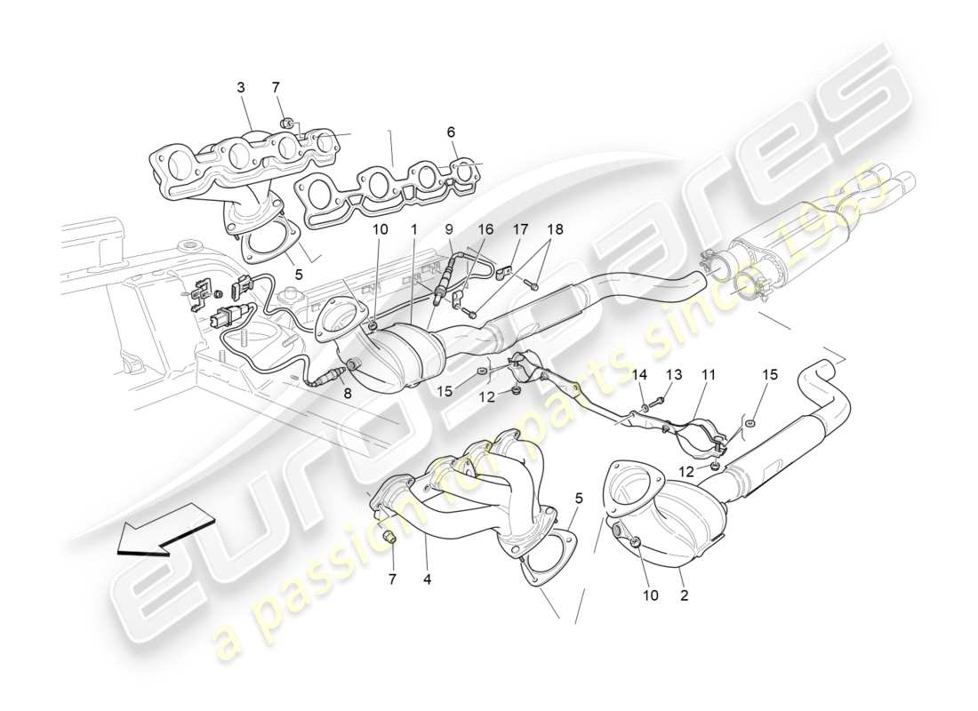 maserati granturismo (2014) diagramme des pièces des convertisseurs pré-catalytiques et des convertisseurs catalytiques