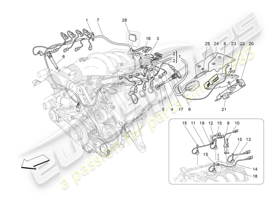 maserati granturismo s (2016) commande électronique : diagramme des pièces de commande d'injection et de synchronisation du moteur