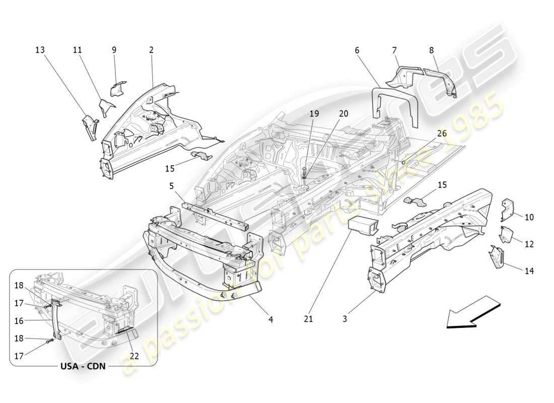 maserati granturismo s (2016) schéma des pièces des cadres structurels avant et des panneaux en tôle