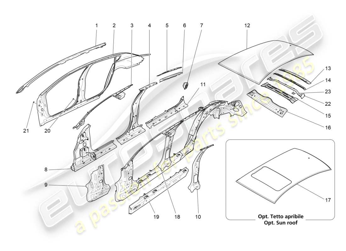 maserati qtp 3.0 bt v6 410hp (2014) schéma des pièces de la carrosserie et des panneaux de garniture extérieurs centraux