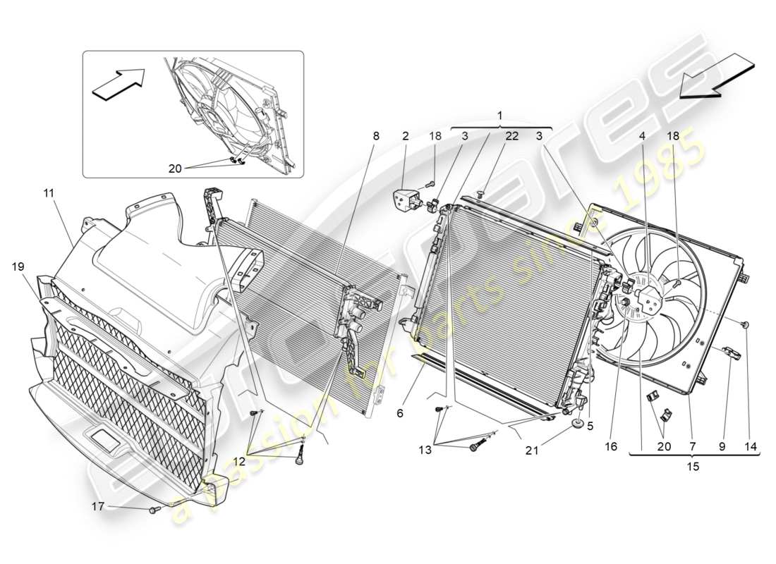 maserati qtp 3.0 bt v6 410hp (2014) refroidissement : diagramme de pièces des radiateurs et des conduits d'air
