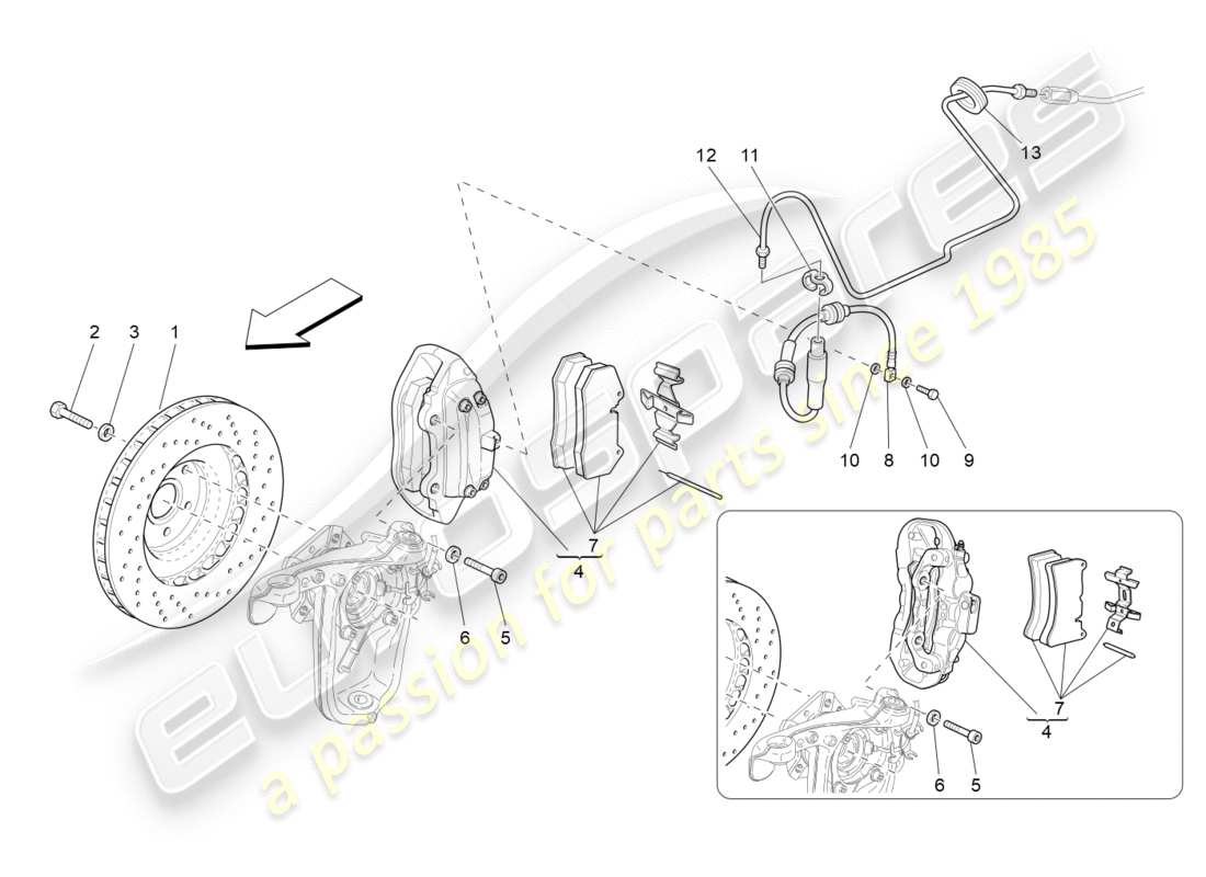maserati granturismo (2014) schéma des pièces des dispositifs de freinage sur les roues avant