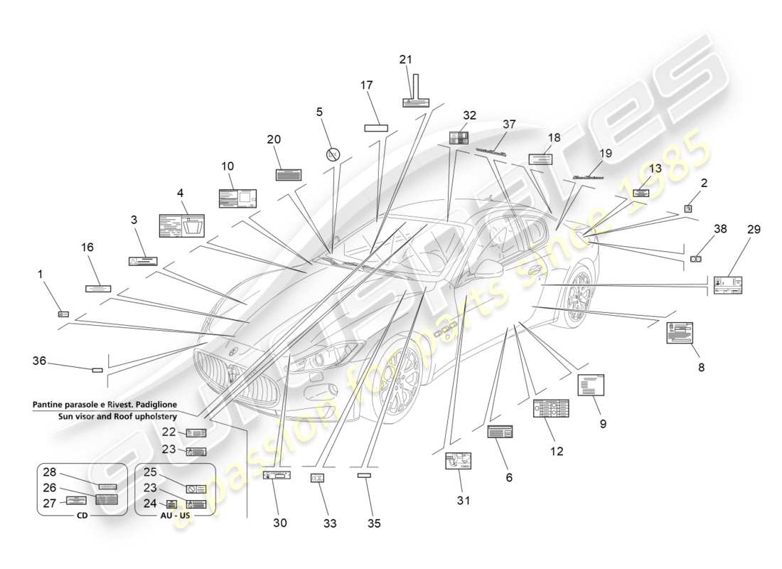 maserati granturismo (2013) diagramme de pièces d'autocollants et d'étiquettes