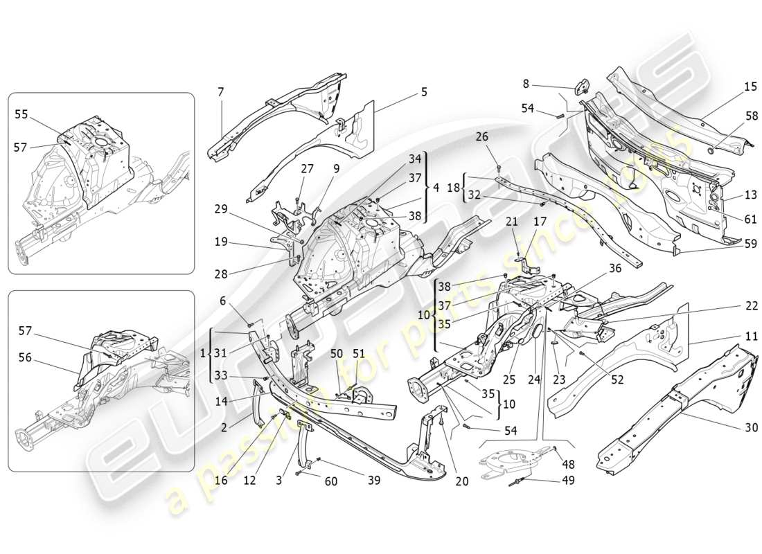 maserati qtp 3.0 bt v6 410hp (2014) schéma des pièces des cadres structurels avant et des panneaux en tôle