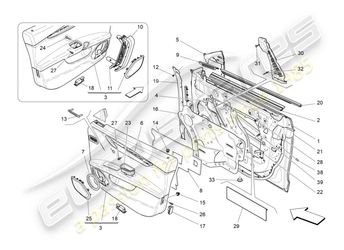 maserati qtp 3.0 bt v6 410hp (2014) portes avant : diagramme de pièces des panneaux de garniture