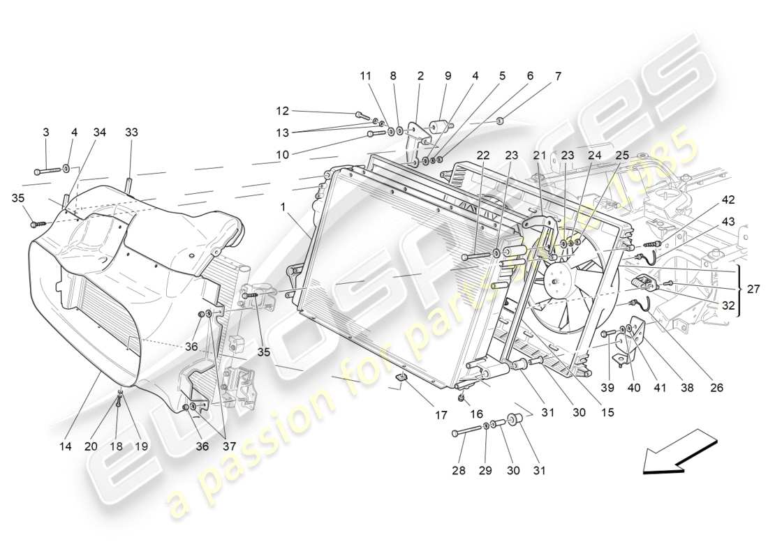 maserati granturismo s (2016) refroidissement : diagramme de pièces des radiateurs et des conduits d'air