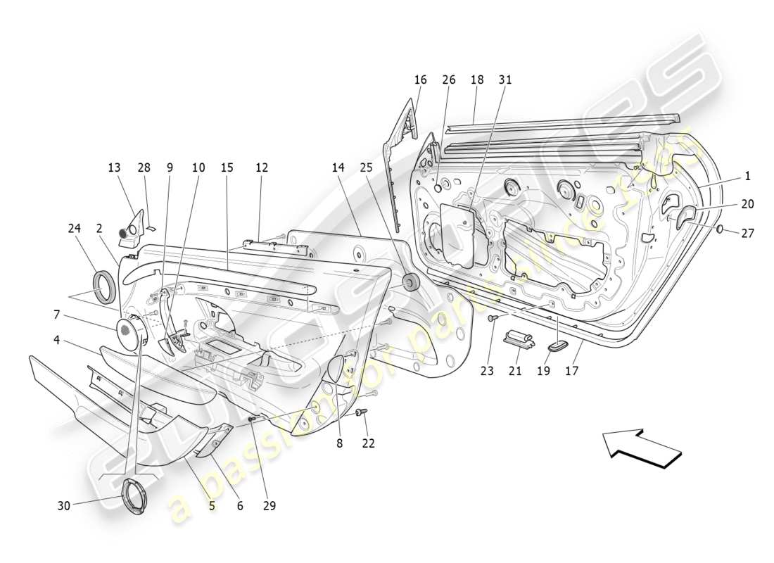 maserati granturismo s (2018) portes avant : diagramme de pièces des panneaux de garniture