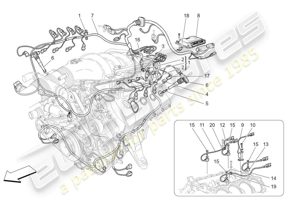 maserati granturismo (2009) commande électronique : diagramme des pièces de commande d'injection et de synchronisation du moteur