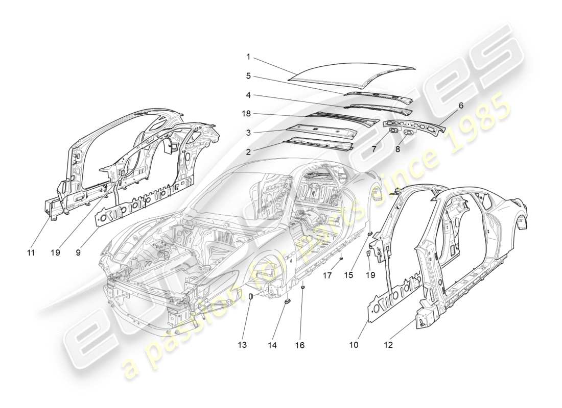 maserati granturismo s (2016) schéma des pièces de la carrosserie et des panneaux de garniture extérieurs centraux