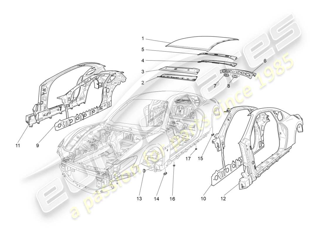 maserati granturismo s (2016) schéma des pièces de la carrosserie et des panneaux de garniture extérieurs centraux