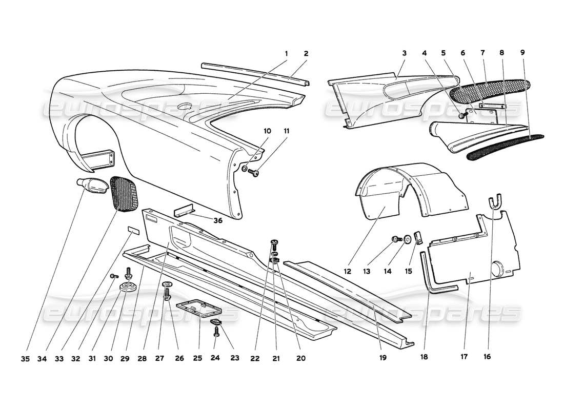 lamborghini diablo 6.0 (2001) éléments de carrosserie - diagramme des pièces du côté droit