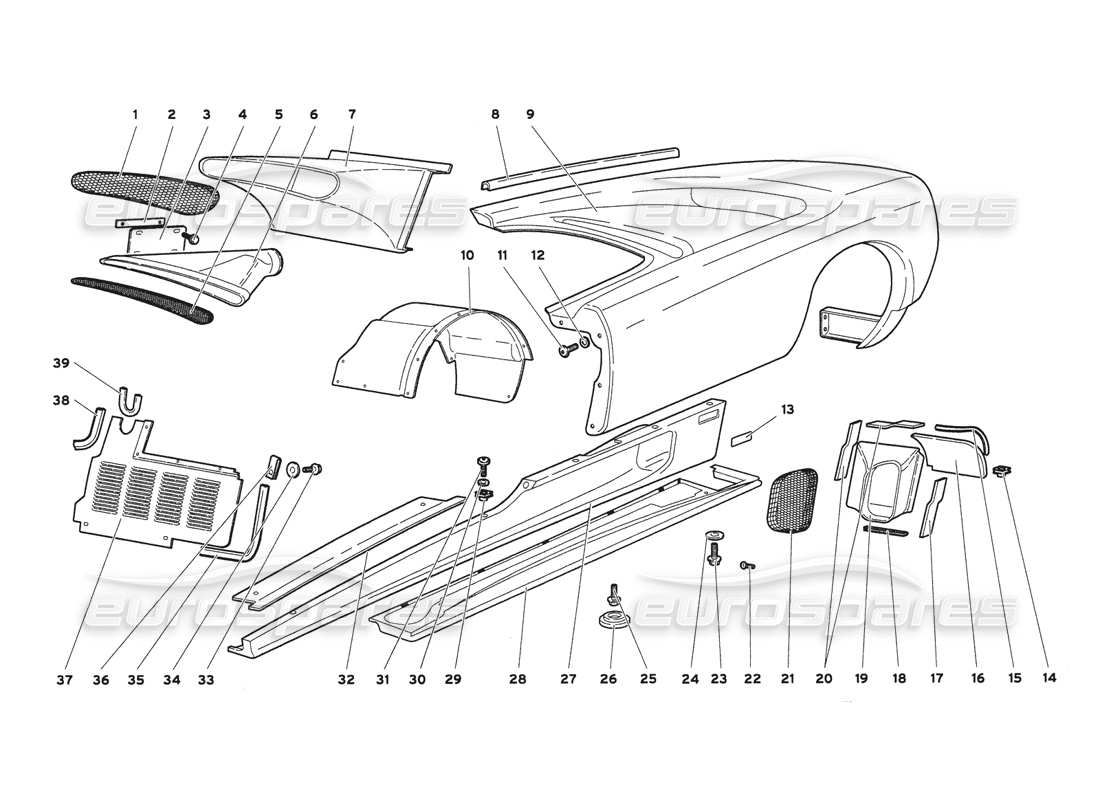 lamborghini diablo 6.0 (2001) éléments de carrosserie - diagramme des parties du côté gauche